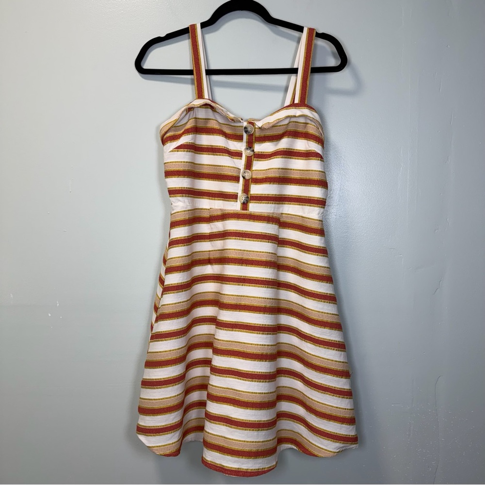 Miami Striped Button Front Fit and Flare Mini Dress Orange White Medium